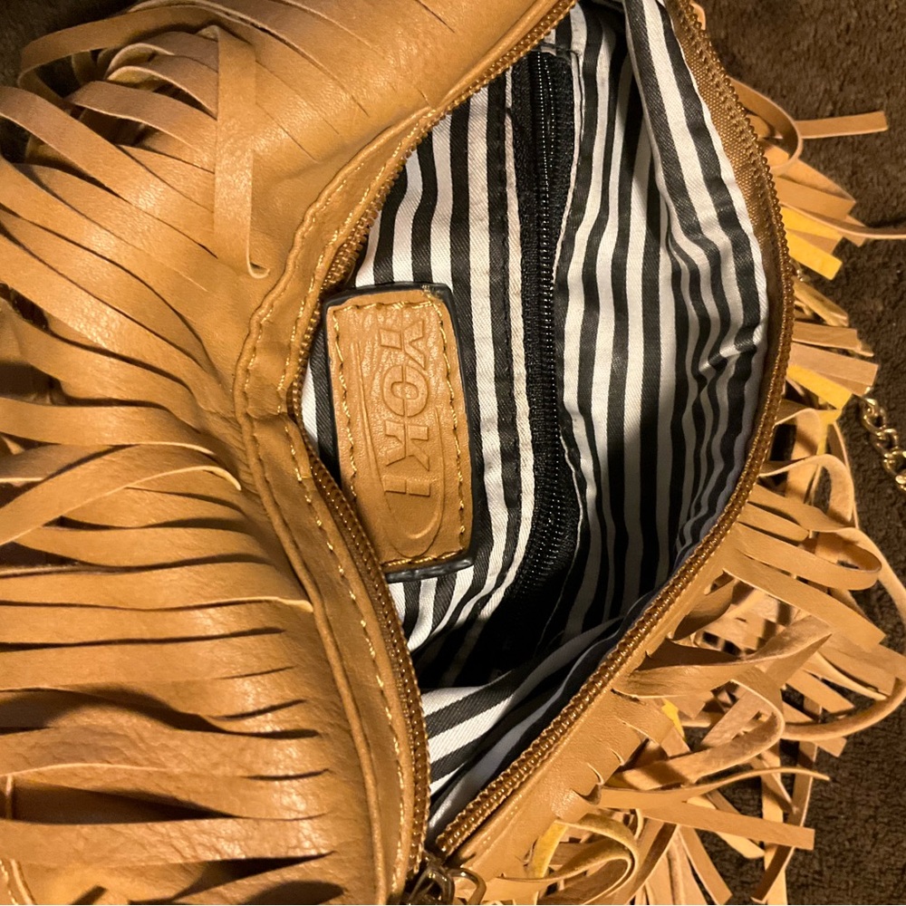 Yoki Tan Fringe Crossbody Bag with Striped Lining